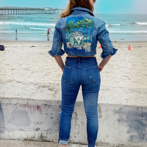 VW bus hand painted denim cropped jacket - Picture 4 of 5